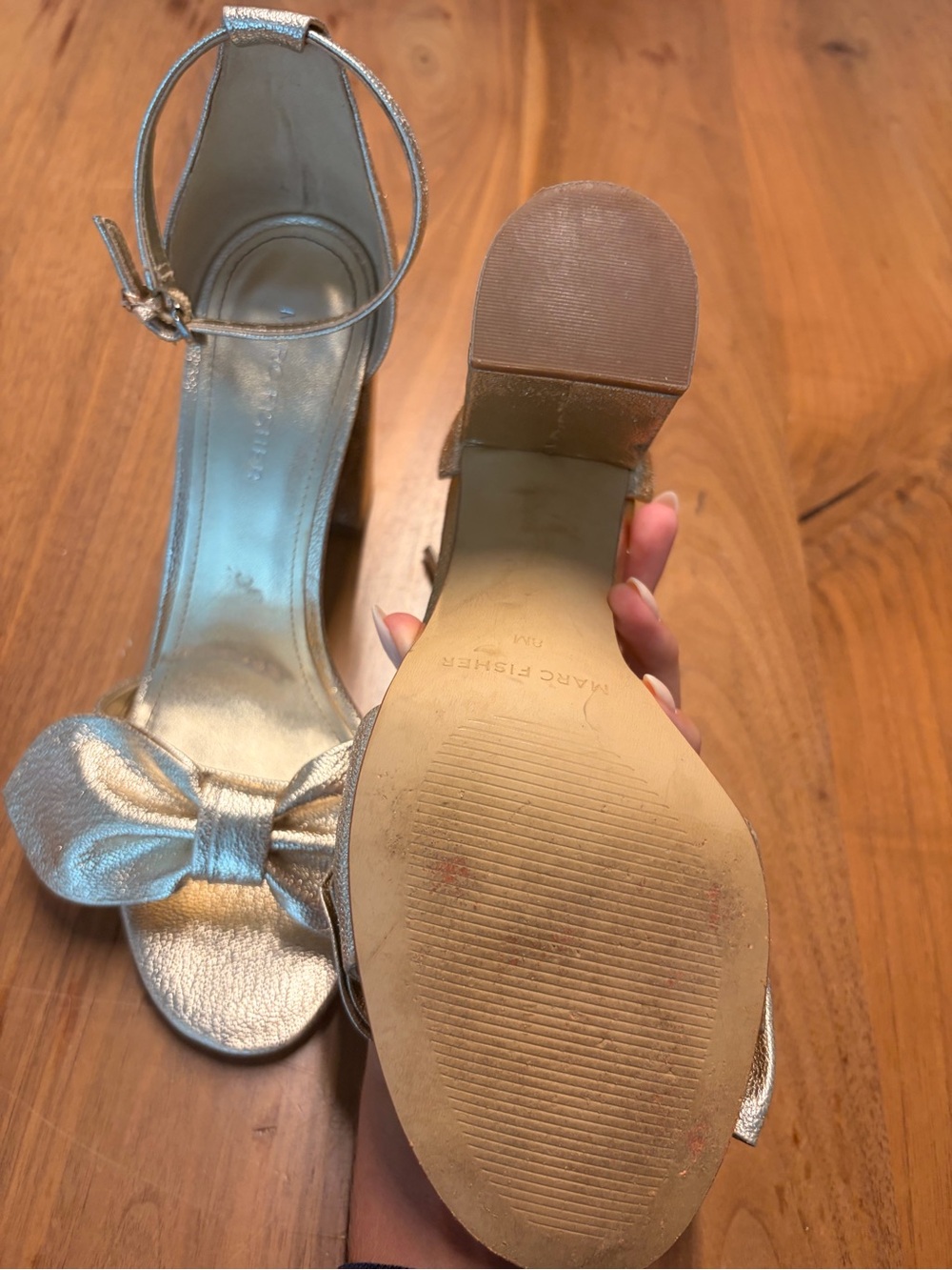 Marc Fisher Gold Knotted Bow Block Heel Sandals - Picture 3 of 7